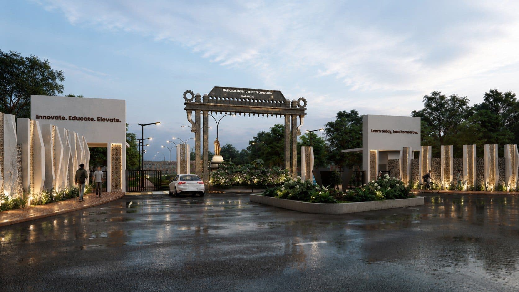 Void Architects' monumental campus gateway design for NIT Warangal at dusk