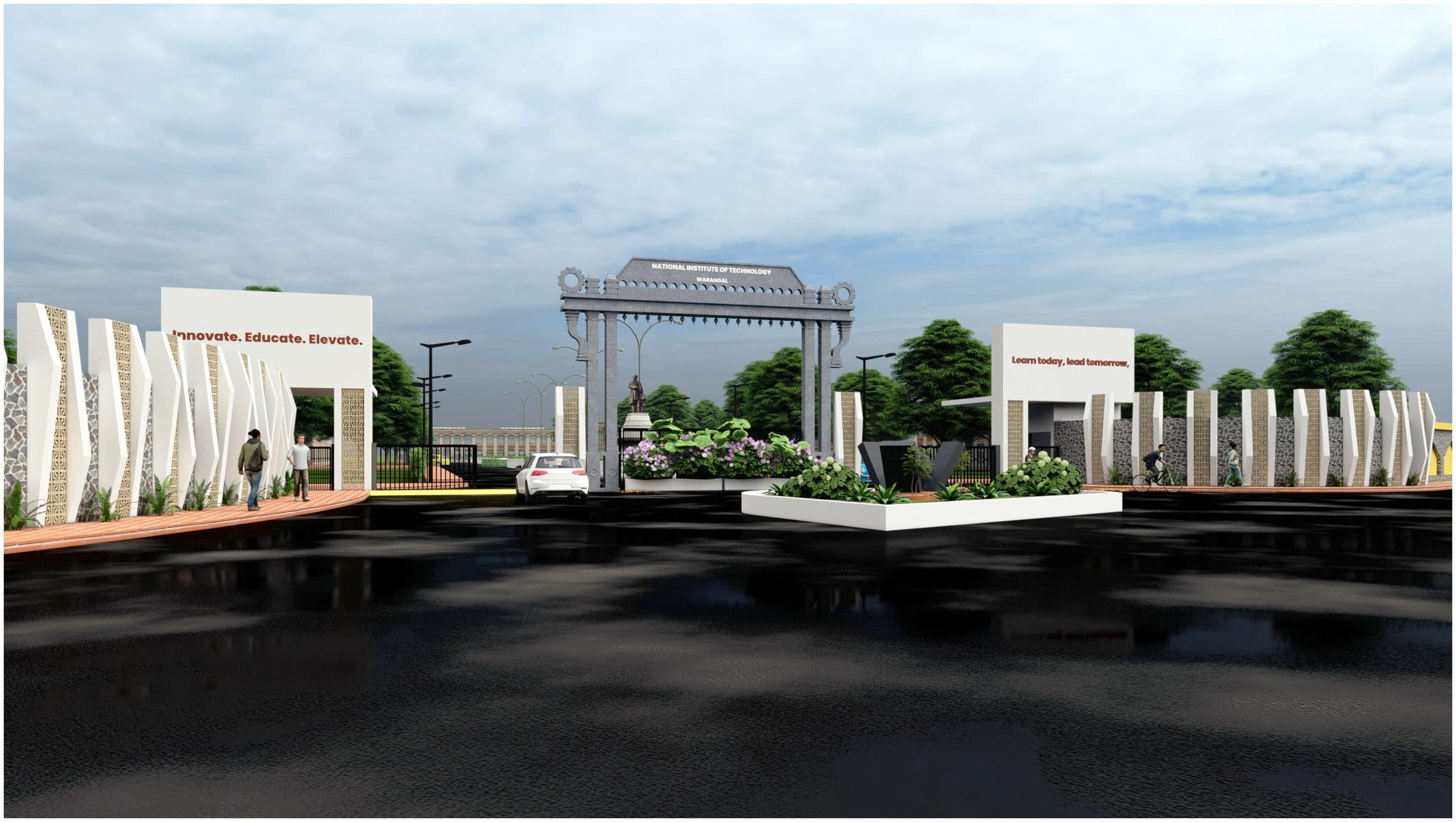 Void Architects' monumental campus gateway design for NIT Warangal at dusk
