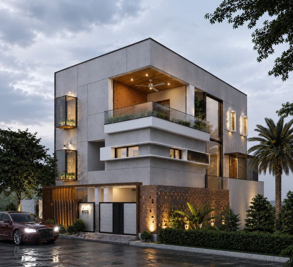 Dr Sree Reddy Residence by Void Architects — contemporary tropical-minimalist duplex at dusk